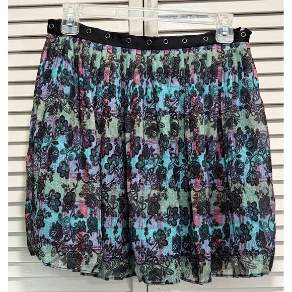 Olsenboye Black/Teal Floral A-Line Chiffon Ruffle Mini Skirt Size 7 Side Zip - Picture 1 of 8
